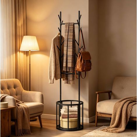 Porte-manteau sur pied 41x41x175 cm en métal noir avec panier de rangement - CHICFURN (1/4)