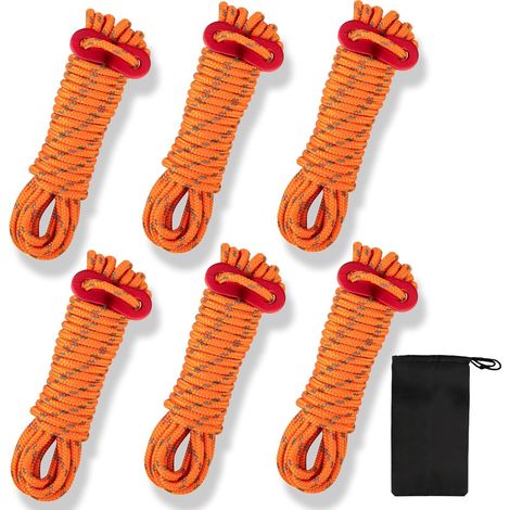 Lot de 6 haubans réfléchissants, avec tendeur de corde, 4 m, avec tendeur en alliage d'aluminium, diamètre 4 mm, corde en nylon lumineuse, pour voile d'ombrage (1/5)