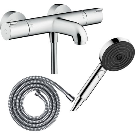 Pack mezclador termostático de baño HANSGROHE Ecostat 1001CL + flexo Metaflex + rociador Pulsify Select EcoSmart 105 cromado 3 chorros