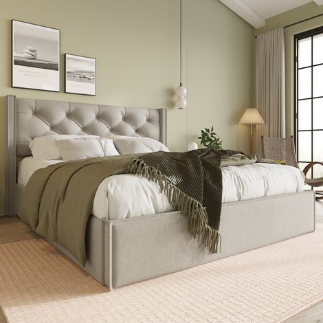 Cama doble 160x200cm cabecero acolchado arcón amplio algodón color gris claro (Sin colchón) (1/5)