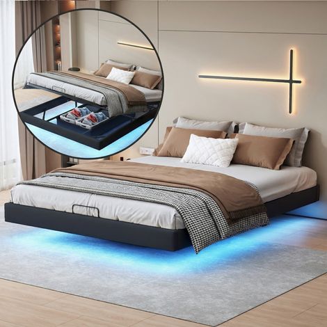 Lit coffre 160x200cm suspendu avec Éclairage LED et Sommier Hydraulique - Cadre de lit moderne sans tête de lit - PU - Noir