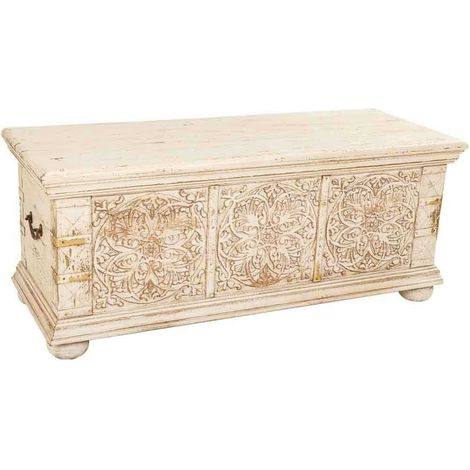 Baúl de madera tallada acabado artesanal beige 103x40x43h cm