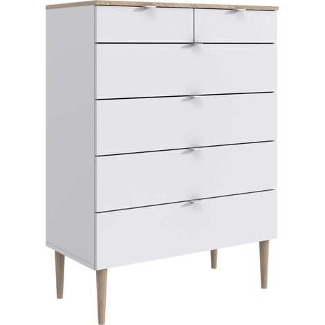 Commode avec 6 tiroirs coloris Blanc, rechampis imitation chêne Hickory - Longueur 81 x Hauteur 102 x Profondeur 41 cm (1/2)