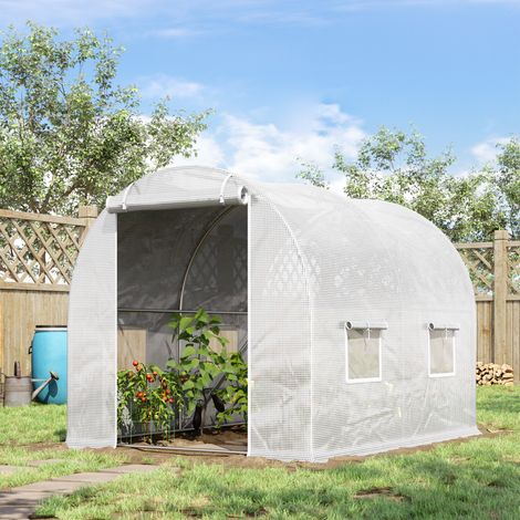 Outsunny Serre Tunnel de Jardin 6m² (3x2x1,9m) - Acier Galvanisé Renforcé (Ø2,4cm), Bâche PE Haute Densité, Fenêtres + Porte, Blanc