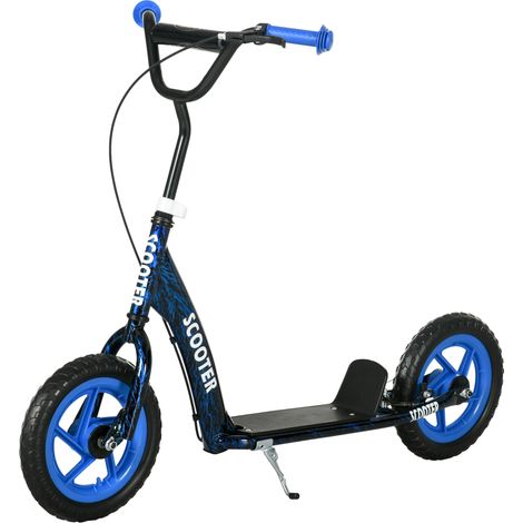 Patinete infantil con ruedas grandes, para edades de 6 a 12 años, altura regulable, freno trasero, caballete, color azul.