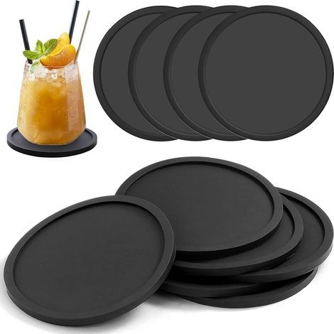 Dessous de verre, lot de 10, noirs, ronds, 10 cm, antidérapants, en silicone, réutilisables, épaisseur 3 mm, pour verres, bureau, cuisine, bar. (1/5)