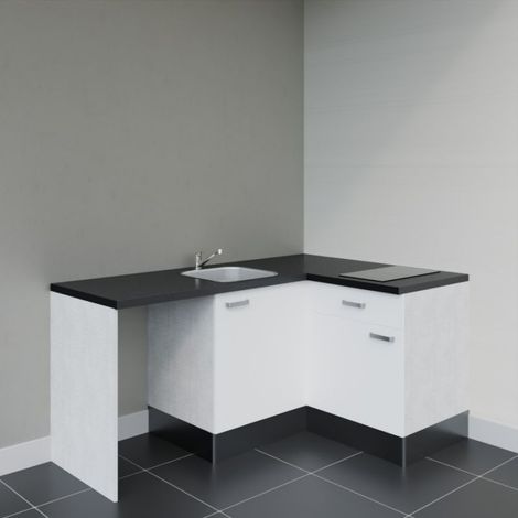Kitchenette d'angle KA01L-PT avec plan de travail et évier - Façade Blanc - Plan Noir texturé - Evier Inox - Crédences Non