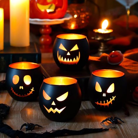 Kerzenhalter Innen Halloweendeko,4er Pack Teelichtgläser,Kürbisfratzen (1/5)