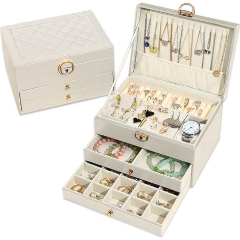 Elegant 3-layer jewelry box with 2 drawers, ideal for necklaces, bracelets, rings and earrings, beige (1/5)