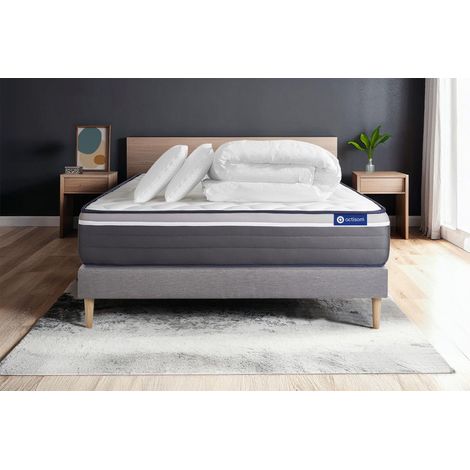 Pacchetto letto completo - Materasso 140x190cm + Box spring con doghe (in kit) + 2 cuscini + Piumino - ActiMemo Plus