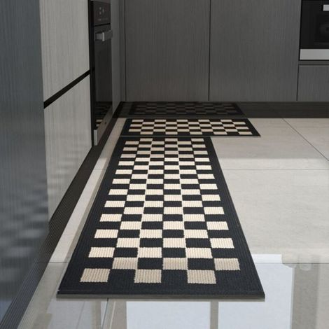 Tapis de cuisine damier - 45x70cm et 45x150cm - Noir et blanc - Polypropylène - Lot de 2 (1/5)