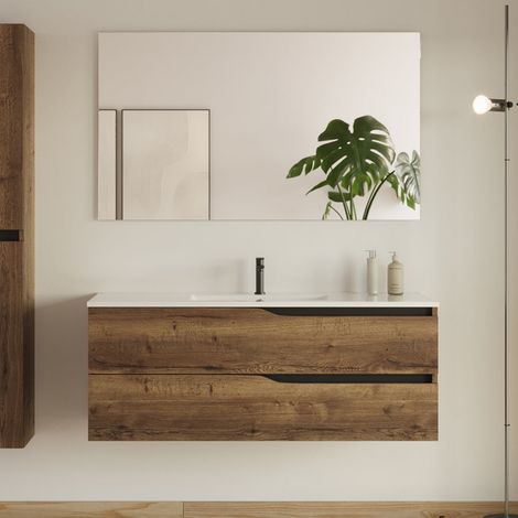 Meuble de salle de bain 120cm simple vasque - 2 tiroirs - tabaco (bois foncé) - LUNA (1/5)