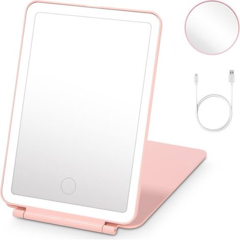 Miroir cosmétique lumineux, miroir de table pliable, miroir sur pied, pliable, rechargeable + loupe x10, intensité lumineuse réglable sur 3 couleurs