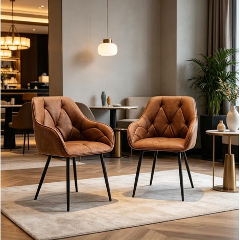 Set di 2 sedie da pranzo ergonomiche con braccioli, schienale curvo, in ecopelle e metallo marrone (1/5)