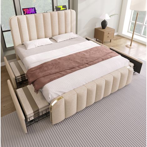 Letto matrimoniale 140x200 cm beige in lino con 4 cassetti, USB-C e materasso H3 (1/5)