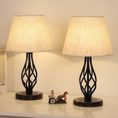2 Pack Bedside Lamp, Modern Desk Lamp with Marble Base and Linen Lampshade, Small Lamp for Bedroom, Living Room, Student Dorm (1/5)