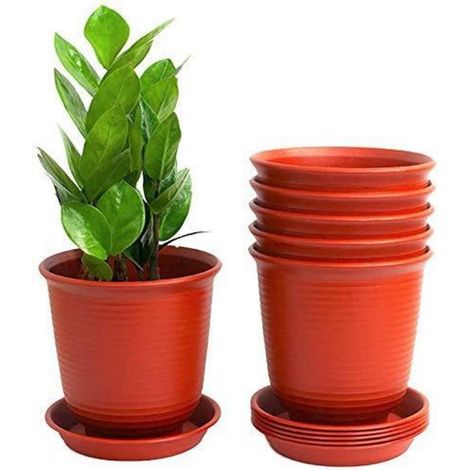 Lot de 6 pots de fleurs en plastique 15.5cm avec soucoupes, terre cuite (1/5)