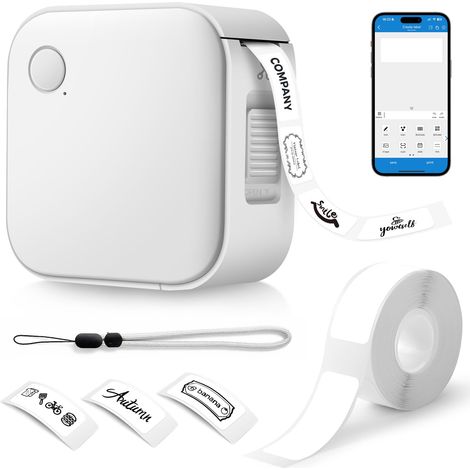 Etiqueteuse Bluetooth, Étiqueteuse Autocollante Portable avec 1 Rouleau D'étiquettes, Compatible iOS et Android, Etiqueteuse Adhésive pour L'étiquetage de la Maison, du Bureau, du Cuisine - Bla (1/5)