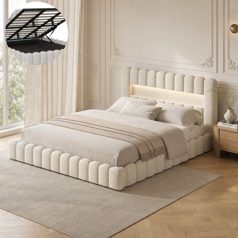 Lit coffre 180 x 200 cm, lit 180x200 avec sommier, avec port USB et LED, lit double, Lit Rembourré, cadre de lit, Lin, beige (1/5)