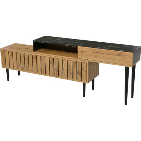Meuble TV marbre bois foncé pieds fer design moderne gain de place