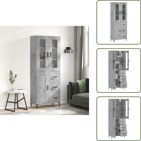 The Living Store Buffet haut Gris béton 69,5x34x180 cm Bois d'ingénierie - Buffet Design Moderne - Meuble Rangement Gris - Armoire Cuisine - Buffet Bas - Commode (1/5)