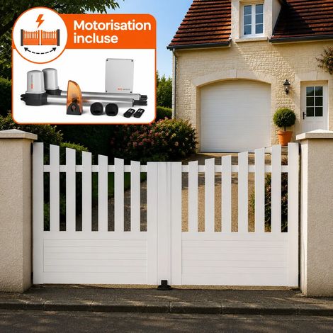 Portail battant électrique PVC blanc avec moteur Sentinel H 145 x L 250 ALENÇON INCURVÉ (1/5)