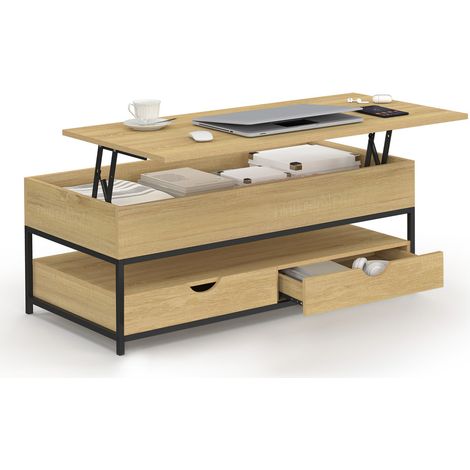 Couchtisch rechteckige Hubplatte DETROIT mit 2 Schubladen Industriedesign