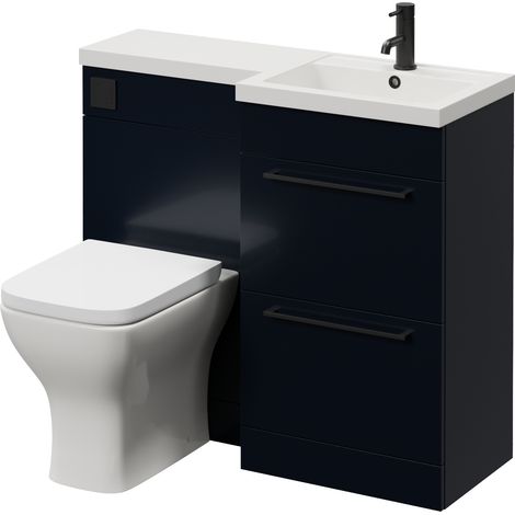 Napoli 390 Deep Blue 1000mm 2 Drawer Vanity Unit Toilet Suite with Right Hand Square Lucia Basin - 1000mm - Matt Black 320mm HandleWith Kingston Toilet Pan and Seat
