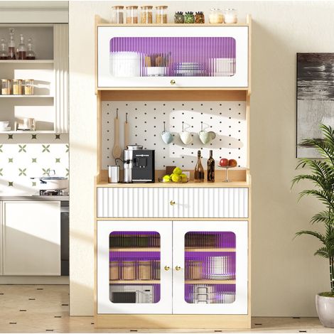 Buffet haut de rangement avec LED, tiroirs, étagères réglables et verre strié, meuble de cuisine et salle à manger 80 x 40 x 180 cm, pour cuisine - CHICFURN (1/5)