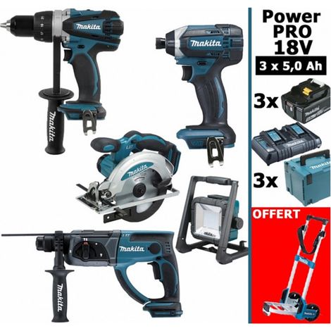 Pack Makita Power PRO 18V: DDF458 DHR202 DSS610 DTD152 Projecteur 3 batt 5Ah 3 coffrets OFFERT 1 chariot diable MAKITA (1/5)