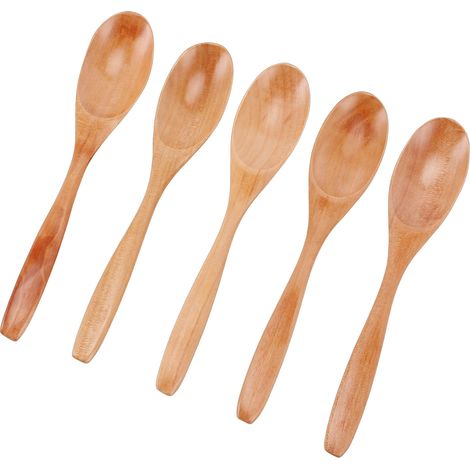 Cuillères en bois pour miel, café, thé, Dessert, ensemble de cuillères de Table de service en bois, pour remuer, 5 pièces (1/5)