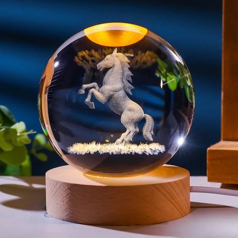 Boule de cristal colorée avec support lumineux LED, décoration en verre gravée au laser