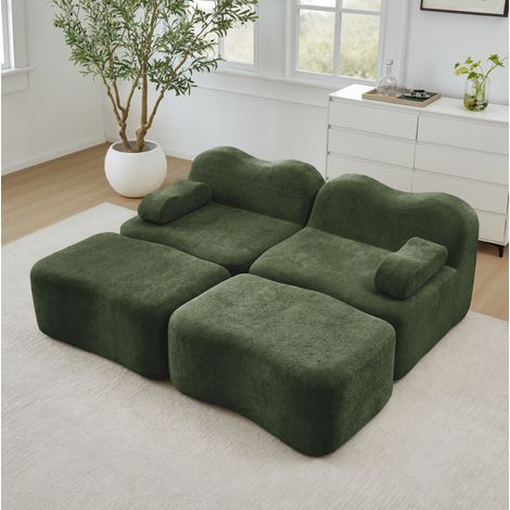 Canapé 2 places modulaire 192x167x70cm, Canapé droit en forme vague convertible, tissu velours Vert, 2 repose-pieds amovibles, sans montage (1/5)