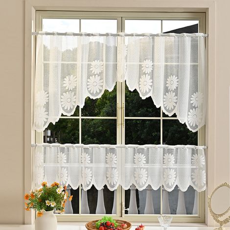 Cortinas semitransparentes tipo café, 2 piezas, voile corto, 160 cm de ancho x 30 cm de alto, con estampado de mariposas y flores, color blanco. (1/5)