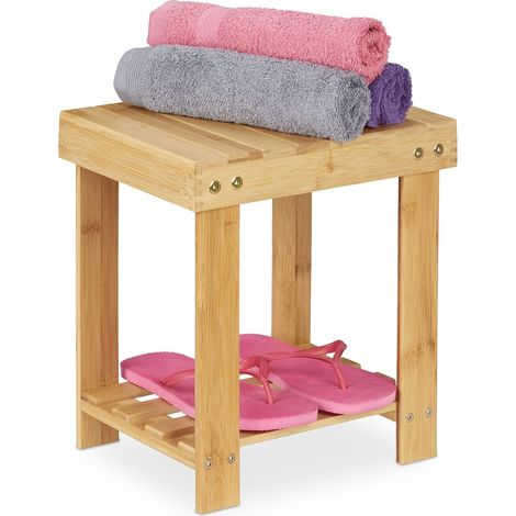 Tabouret de Salle de Bain Solide en Bambou, Repose-Pieds, Jusqu’à 100 kg, H x L x P 33,5 x 25 x 31 cm, Nature (1/5)