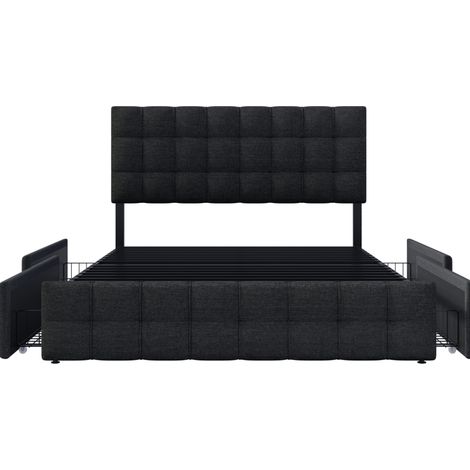Cama doble tapizada con 4 cajones 140x200 cm, cabecero regulable, lino negro HOMVRA (1/5)