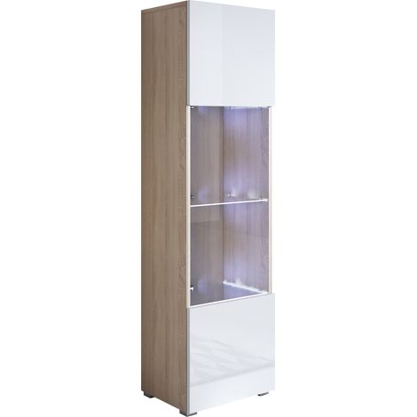 Vitrina con Patas 2cm Armario Mueble de Salón Vitrina de pared LED 1 puerta 40x167x29cm Modelo Luke V6 Sonoma mate y Blanco brillo