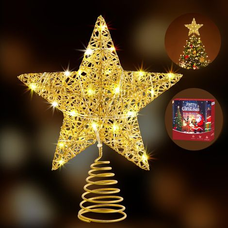 Étoile de Sapin LED 25cm Dorée avec Minuterie, Sommet en Fil Pailleté Alimenté par Pile ou USB, 20 Lumières pour Décoration de Noël (1/5)