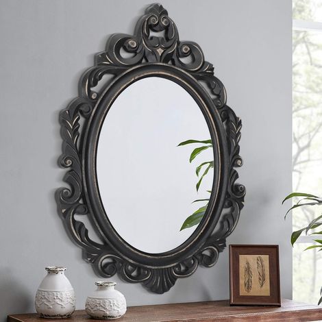 Ovale Noir Cadre en Bois rétro Miroir Mural Style Baroque Traditionnel sculpté Miroir Suspendu décoration Murale Miroir Antique vanité Chambre Salon Cuisine (1/5)
