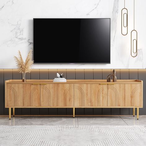 Meuble TV 170 x 35 x 47,5 cm — portes sculpturales texturées, poignées et pieds dorés - bois naturel (1/5)