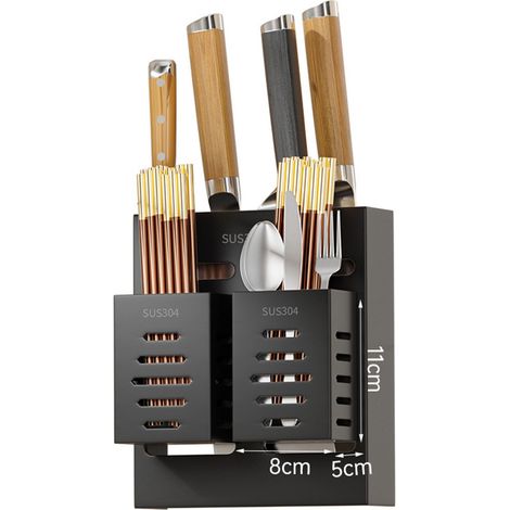 Porte-ustensiles en acier inoxydable mural, égouttoir à baguettes, rangement pour cuisine, noir (1/5)