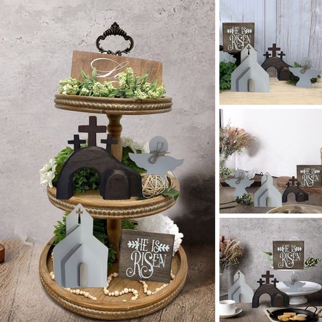 Décoration De Pâques En Bois - Support À Étages Pour Décor Religieux - Motifs Église Croix Ange Et Panneau 'Il Est Ressuscité' - Lot De 4 Pièces (1/5)