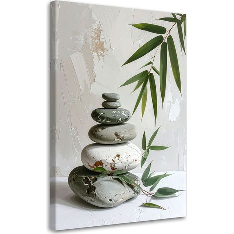 Tableau déco Pierres zen spa feuilles de bambou beiges 60x90 (1/4)