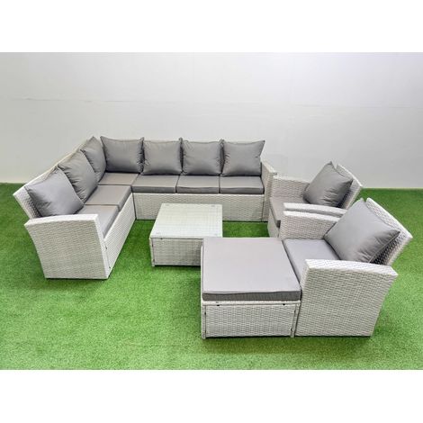 Fimous Outdoor Rattan Garden Furniture Set 9 Seater Corner Sofa Sets with Square Coffee Table Chair Big Footstool Light Grey Mixed (1/5)
