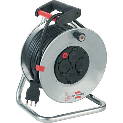 Brennenstuhl 1198565 Avvolgicavo 50 M Serie Garant Sk in Acciao Zincato Antiruggine, Spina Italiana 16A e 4 Prese Italiane 10A+16A e Schuko con Coperchi Autochiudenti, Maniglia Ergonomica, Argento (1/2)
