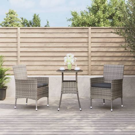 3-tlg. Garten-Bistro-Set mit Kissen Grau Poly Rattan (1/5)