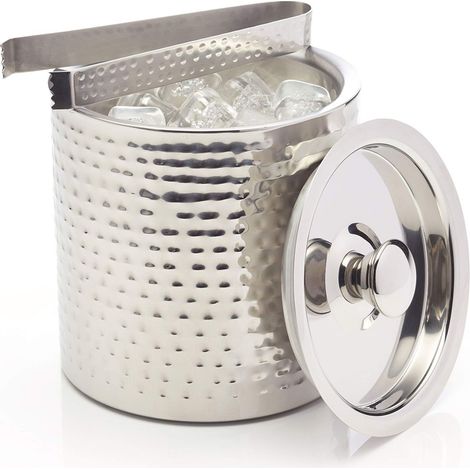 BarCraft Secchiello per il ghiaccio, secchiello per il ghiaccio in acciaio inox con coperchio e morsetti in finitura argento martellato, 1,5 litro, 15,5 x 16 cm (1/4)