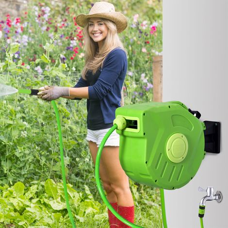 Carrete para Manguera 15M+1,5M Soporte Mural Portamanguera Roll-up Automático Giratorio 180° con Pistola de Pulverización Gran Alcance Base de Pared Conector de Manguera para Jardín Terraza (1/5)