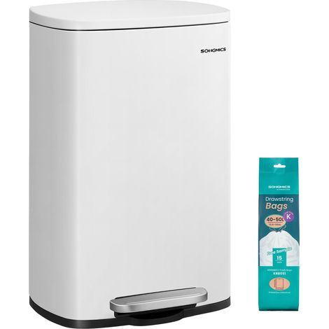 Poubelle Cuisine 50 L, Poubelle Bureau, Fermeture en Douceur, avec Pédale, en Acier, Seau Intérieur, Blanc LTB101W01 (1/5)