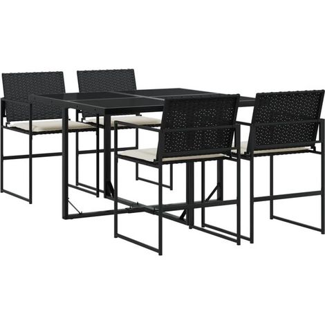 Ensemble table et chaises de jardin cinq pièces, avec coussins, en résine tissée noire. (1/5)
